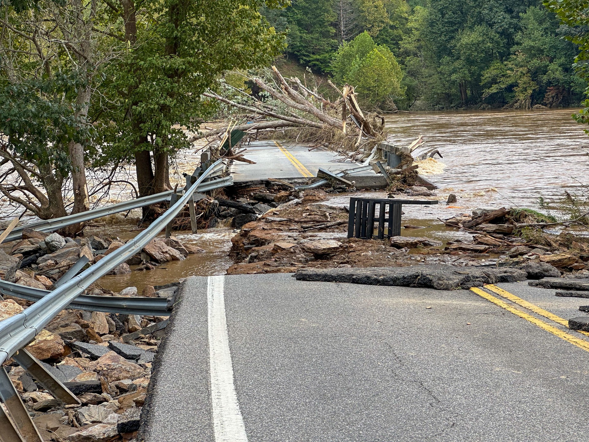 Washed out Low Water Bridge in Fries, VA from Hurricane Helene